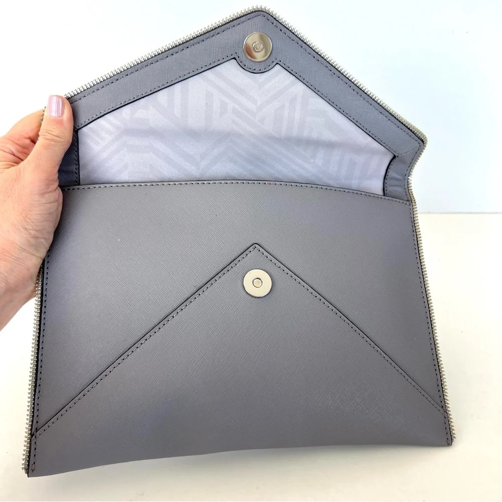 REBECCA MINKOFF Leo Gray Safiano Structure Leather Zipper Accent Envelope Clutch